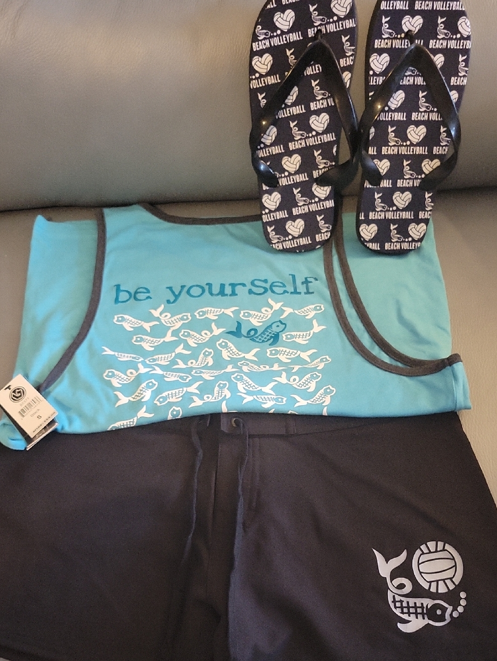 Black Boardshorts + Beach Tank Top + Beach Volleyball Flip Flops